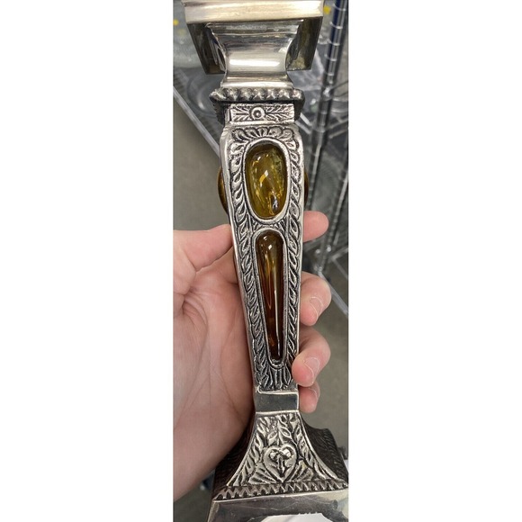 Vintage Mid Century Baroque Style Amber and Silver Tone Candlesticks Taper Set 2 - Picture 1 of 1